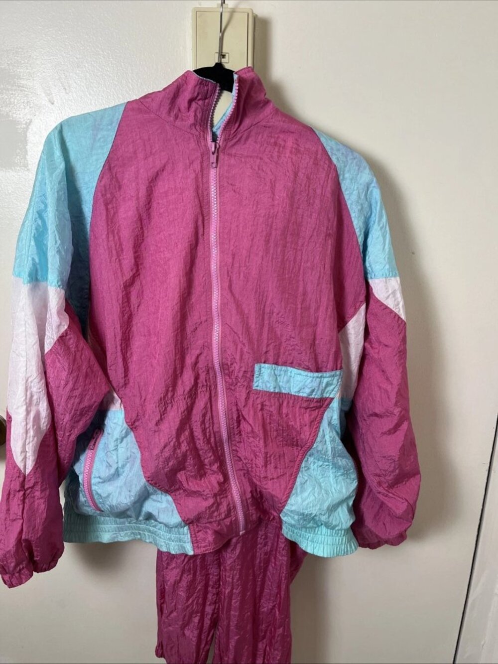 Vintage Nonchalant Pink Teal Colorblock Nylon Tracksuit Set L